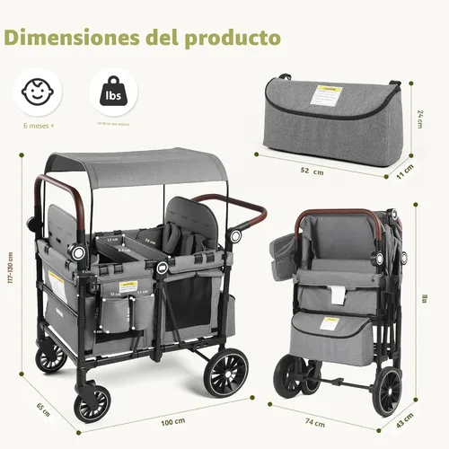 Vista 8 de Kinder King Cochecito Wagon para 4 niños, mango ajustable, gris