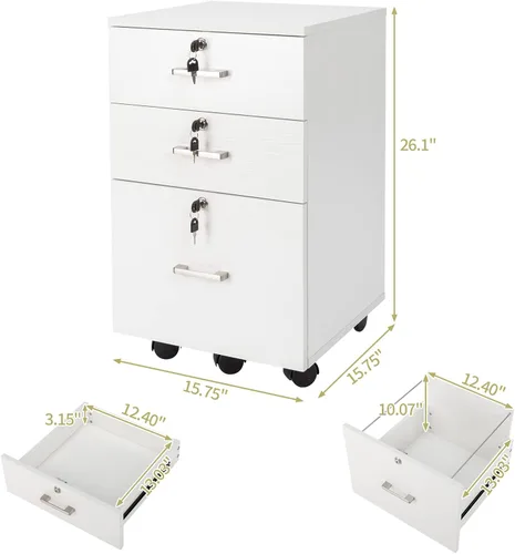 Vista 3 de Archivador de 3 cajones con cerradura, archivador móvil de 3 cajones con cerradura, archivador de bloqueo, pedestal rodante de 3 cajones debajo