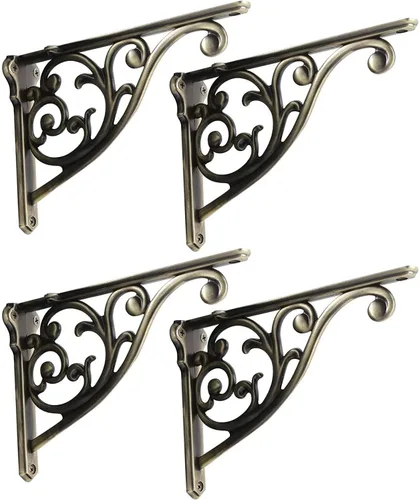 Vista 75 de Soportes de estante de 4 pulgadas, paquete de 4 soportes de pared de latón antiguo de alta resistencia, estantes decorativos de cocina victoriana
