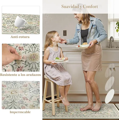 Vista 6 de Collive Tapete Anti Fatiga para Piso de Cocina, Tapetes de Cocina con Diseño Floral Primaveral para Piso Juego de 2, Alfombras para Fregadero Beige