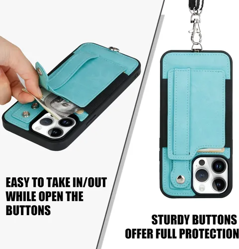 Vista 5 de TOOVREN Funda tipo cartera para iPhone 14 Pro Max con tarjetero y cordón para iPhone 14 Pro Max, funda con correa para cartera, soporte de cuero