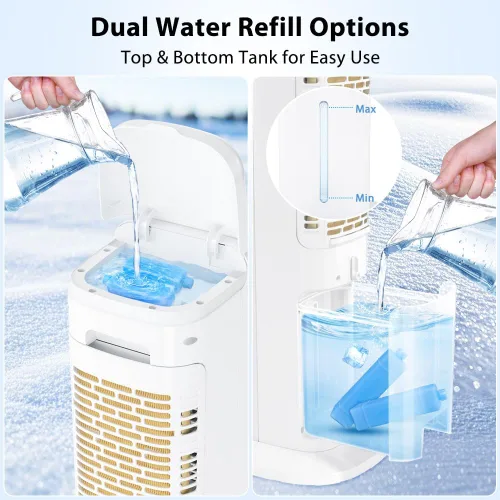 Vista 3 de Enfriador de aire portátil 2 en 1 con control remoto, enfriador de aire evaporativo con 4 paquetes de hielo, temporizador de 12 horas, oscilación