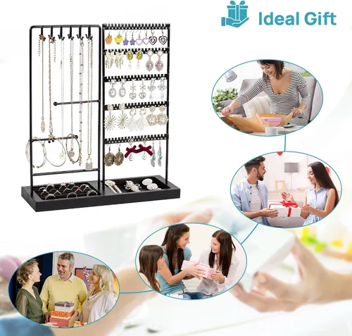 Vista 7 de Vtopmart Soporte organizador de joyas para aretes, collares, anillos, pulseras, exhibición y almacenamiento, con 90 agujeros, 12 ganchos, bandeja