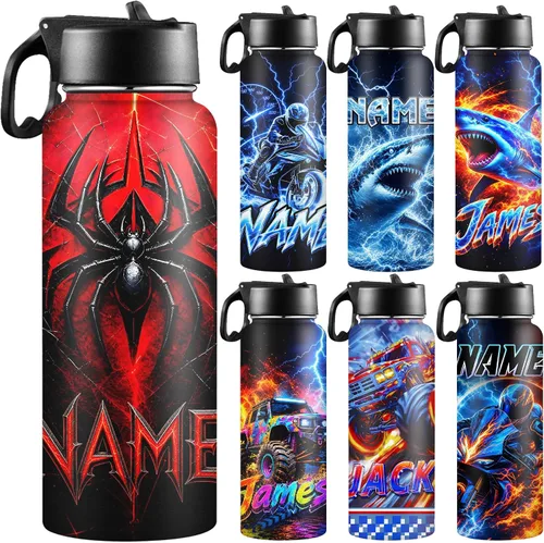 Vista 26 de Botellas de agua personalizadas para niñas, de acero inoxidable con aislamiento de doble pared con pajita, botella de agua de color degradado