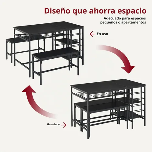Vista 6 de IDEALHOUSE Juego de mesa de comedor para 4, juego de mesa de cocina para 4 con 2 bancos, juego de mesa de comedor rectangular con estante para Negro