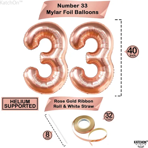 Vista 2 de KatchOn, Globos de oro rosa con el número 33, 40 pulgadas, decoraciones de cumpleaños número 33 para mujer, globo de cumpleaños 33 con globos