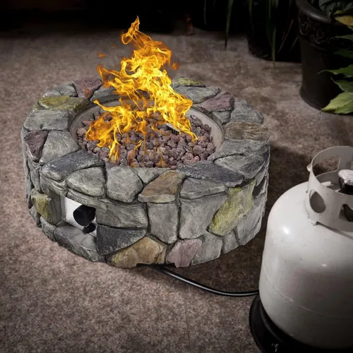 Vista 4 de Happygrill Fogata de gas propano para exteriores, patio trasero, fogata de piedra artificial, quemador de gas con cubierta
