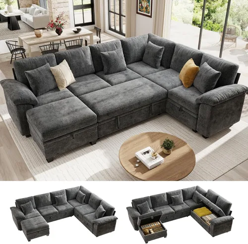 Vista 19 de Ihanherry Sofá modular de 86 pulgadas con cama extraíble, sofá cama modular en forma de L de 4 plazas con otomana de almacenamiento, sofás Verde