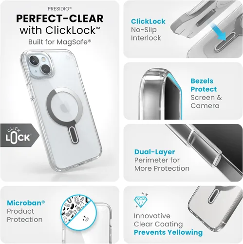 Vista 3 de Speck Funda transparente para iPhone 15 Plus – Bloqueo de bloqueo antideslizante ClickLock, diseñada para MagSafe, protección contra caídas