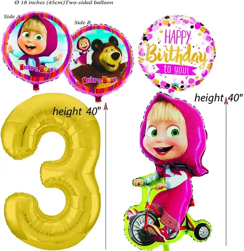Vista 2 de Juego de globos coloridos para cumpleaños de 3 años, Masha and the Bear Masha y el Oso