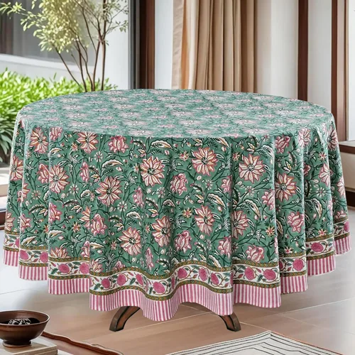 Vista 45 de Mantel redondo con estampado de bloque a mano, 100% algodón, reutilizable, color verde espárragos, 60 pulgadas, mantel decorativo para uso diario