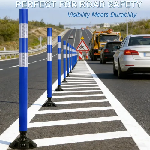 Vista 2 de OrangeStar Paquete de 8 conos de tráfico azules con base de resorte, postes de delineador de 48 pulgadas con rayas reflectantes para seguridad vial