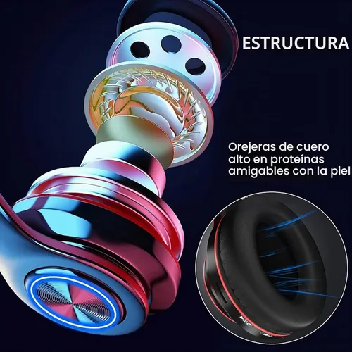 Vista 8 de Auriculares Bluetooth sobre la oreja, auriculares con luces LED y micrófono incorporado, ligeros, Bluetooth 5.0, auriculares HiFi estéreo