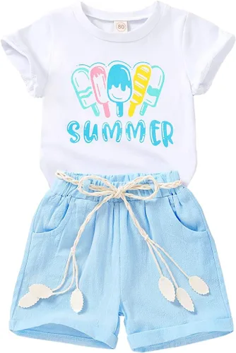 Vista 13 de YOUNGER TREE - Conjunto de ropa para bebés y niñas, camiseta de sandía y pantalones cortos de lino con cinturón, conjunto de verano lindo Abeja feliz