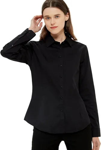 Vista 2 de Blusa de trabajo con botones para mujer, de algodón elástico, manga larga, ajuste delgado