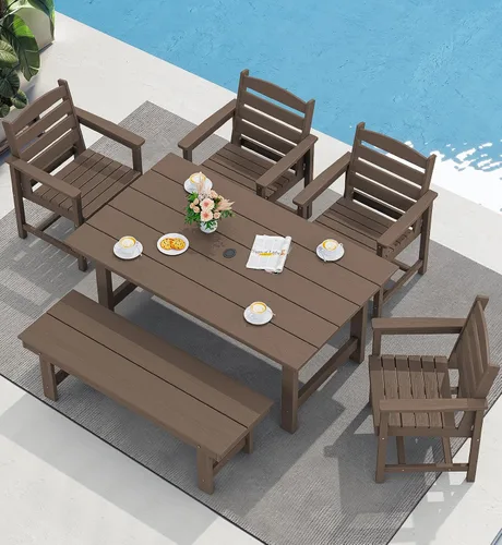 Vista 12 de SERWALL Juego de mesa de comedor de 7 piezas, muebles de comedor de polietileno de alta densidad para exteriores con agujero para paraguas y 6 Negro