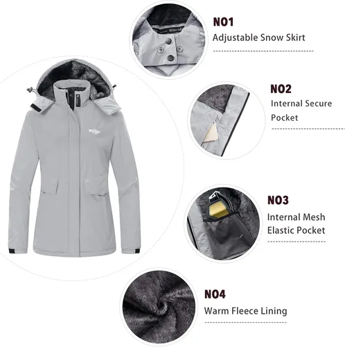 Vista 5 de Wantdo - Chaqueta de esquí impermeable para mujer, abrigo de invierno cálido y resistente al viento, abrigos de nieve