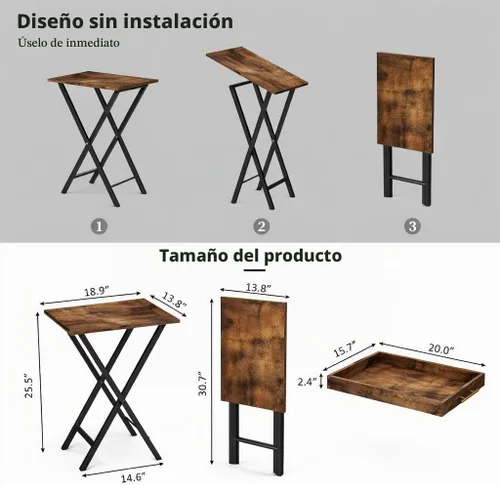 Vista 3 de Mesas de bandeja para TV plegables, juego de 2 mesas laterales para espacios pequeños, mesas para bocadillos al lado del sofá, mesas plegables