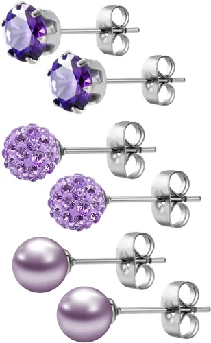 Vista 29 de JewelrieShop - Juego de aretes de tuerca de acero inoxidable con circonitas cúbicas y perlas de imitación, 3 pares de 0.236 in
