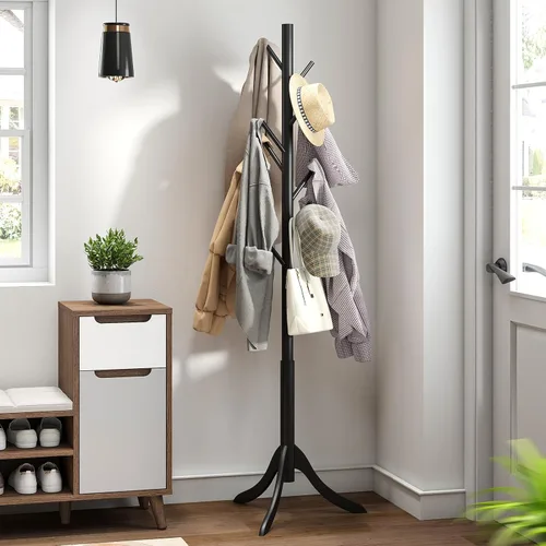 Vista 8 de kiplant Perchero negro de madera de bambú independiente con 8 ganchos, organizador de pasillo y sombrero de entrada para dormitorio, oficina, ropa