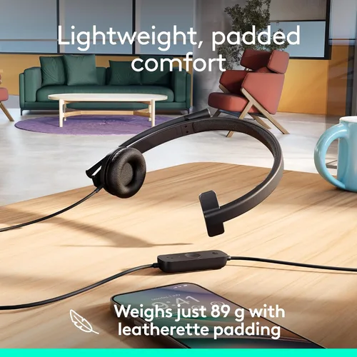 Vista 5 de Logitech H570e - Auriculares USB con micrófono para PC y Mac, auriculares con cable USB-A con sonido mono, micrófonos con cancelación de ruido
