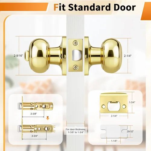 Vista 5 de Probrico Home Bed & Bath - Pomo de puerta de privacidad en latón pulido, accesorios interiores de bola plana, cerradura universal sin llave, 1