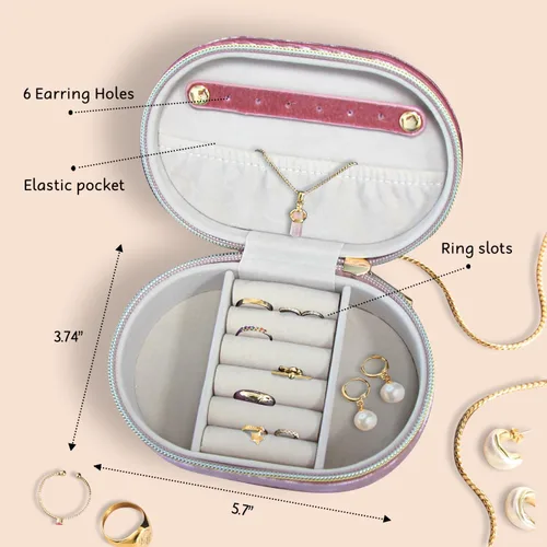 Vista 3 de Joyero de viaje de terciopelo con inicial J, organizador de joyas, regalos para mejores amigas, mujeres, regalos para mamá, regalos para hermana