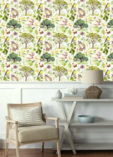 Vista 5 de Blooming Wall Papel tapiz autoadhesivo removible con diseño de animales en bosque verde