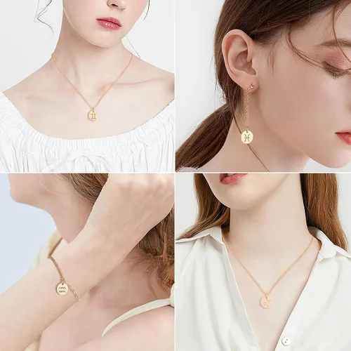 Vista 7 de 24 dijes de acero inoxidable del zodiaco, colgantes planos y redondos, constelaciones, dije de signo del zodiaco, dorado, para joyería, collares