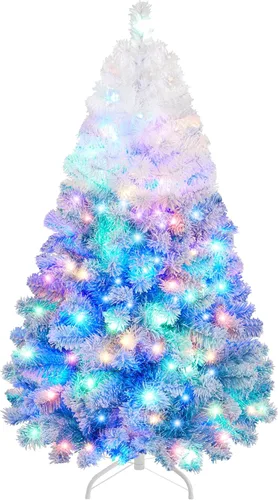 Vista 15 de Yaheetech Árbol de Navidad artificial de abeto preiluminado de 4.5 pies, flocado con nieve, con bisagras, con 100 luces LED multicolor y 340 puntas