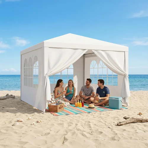 Vista 9 de LEMY Tienda de Fiesta, Carpa Gazebo para Exteriores de 10'x10' con Paredes Laterales Removibles y Ventanas, Tienda Blanca Resistente al Agua