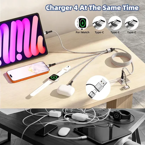 Vista 4 de Cable de carga múltiple USB C 3 para teléfono iWatch Charger/Car Travel Negro-blanco