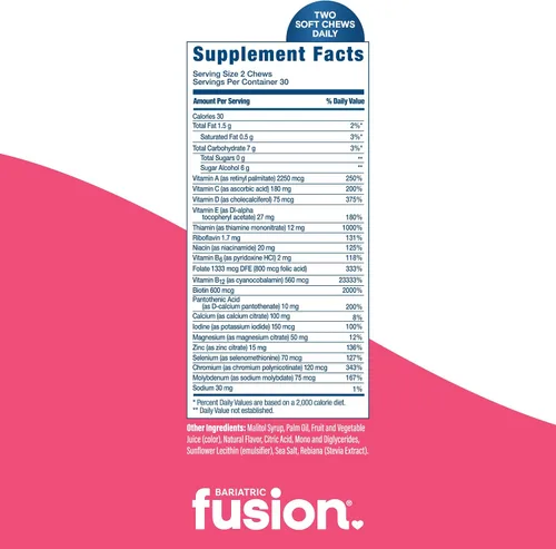 Vista 4 de Bariatric Fusion Multivitamínico bariátrico suave con sabor a fruta de cereza y piña para pacientes poscirugía bariátrica, incluyendo derivación