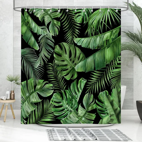 Vista 3 de Cortina de Ducha de Hojas Tropicales, Cortina de Baño Decorativa Verde y Negra con Hojas de Palmera y Plátano, Juegos de Cortinas de Ducha de Tela