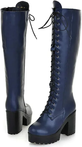 Vista 76 de Parisuit Botas góticas altas hasta la rodilla con hebilla de plataforma para mujer, tacón alto grueso, con cordones, botas de combate punk, con Negro
