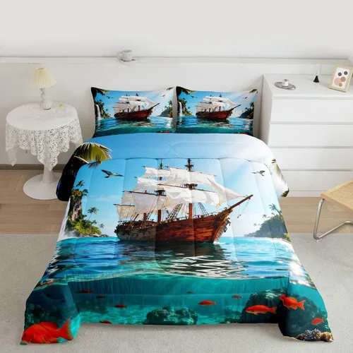 Vista 24 de Juego de edredón de brújula azul marino, tamaño individual, 2 piezas, diseño náutico de vela, estilo simple, para niños, adolescentes, adultos
