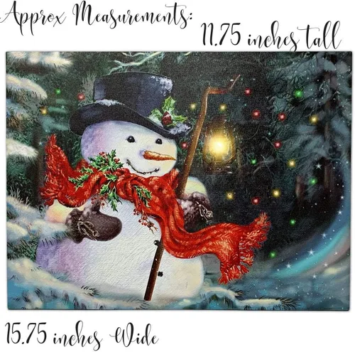 Vista 2 de Lienzo de muñeco de nieve iluminado con linterna LED, impresión de escena de invierno de Navidad, decoración navideña para colgar en la pared