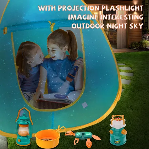 Vista 2 de Qtioucp - Juego de camping para niños con tienda de campaña desplegable y proyector de espacio con linterna - Juguete de fogata al aire libre