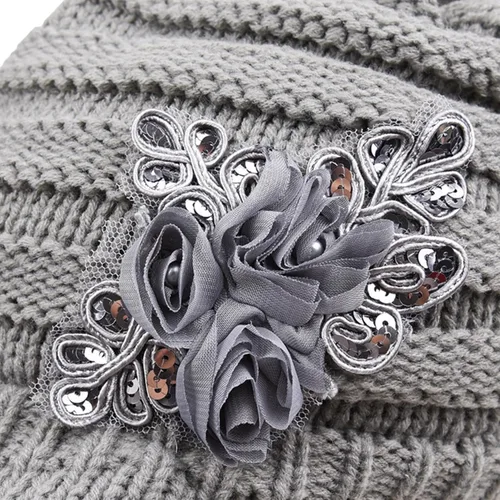 Vista 85 de C-US - Gorro de punto cálido para mujer, con visera de ganchillo con acento de flores