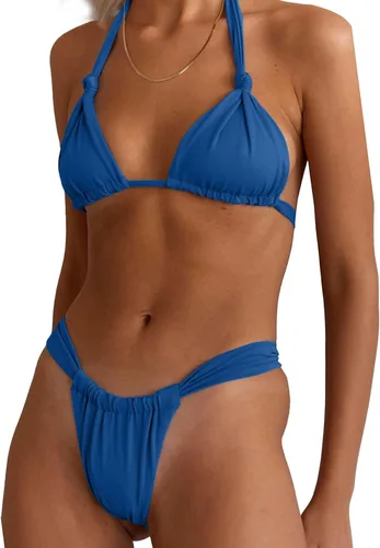 Vista 3 de Rooscier Conjunto de bikini de 2 piezas con parte superior triangular estilo halter retro para mujer