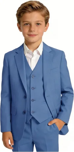 Vista 10 de Trajes para niños, traje de portador de anillos, chaleco formal y pantalones para niño, conjunto de trajes de boda Azul bebé
