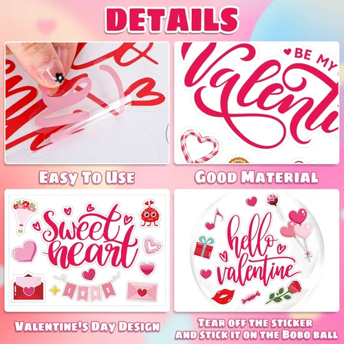 Vista 9 de Whaline 16 calcomanías de globos de Bobo para el día de San Valentín, diseño surtido de globos rosados, calcomanías decorativas de letras de corazón