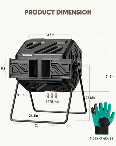 Vista 9 de THE GROW'ING Contenedor de compostaje actualizado de 43 galones para exteriores, compostador giratorio de montaje rápido, compostador de doble
