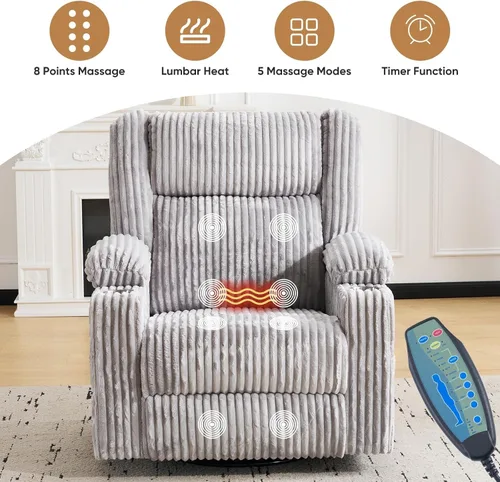Vista 5 de Oversized Power Recliner Chair with Massage and Heat Swivel Rocker Recliners Chairs with Arm Storage Adjustable Headrest Side Pockets for Home