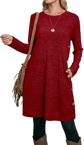 Vista 4 de OFEEFAN - Vestido de invierno con manga larga, bolsillos y botones laterales para mujer