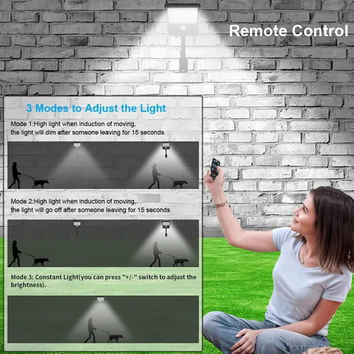 Vista 3 de Luces solares para exteriores con control remoto, 56 LED de ángulo ajustable de 180°, luz nocturna de seguridad, sensor de movimiento exterior
