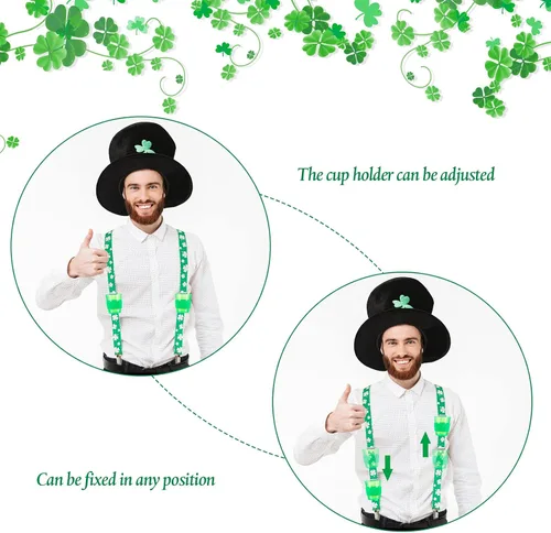 Vista 5 de Geyoga 3 juegos de tirantes verdes para el día de San Patricio tirantes elásticos ajustables para hombre con clips trébol con copas y alfileres