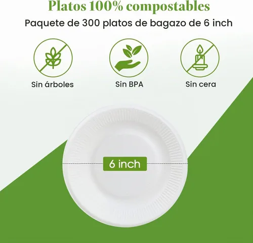 Vista 3 de Vplus Platos de papel pequeños 100% compostables, paquete de 300 platos de papel desechables de 6 pulgadas, biodegradables sin recubrimiento, hechos
