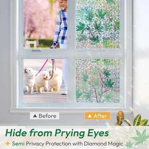 Vista 26 de rabbitgoo - Película de privacidad para ventanas con diseño de arco iris y vidrio manchado, patrón de diamante, calcomanía no adhesiva con tinte