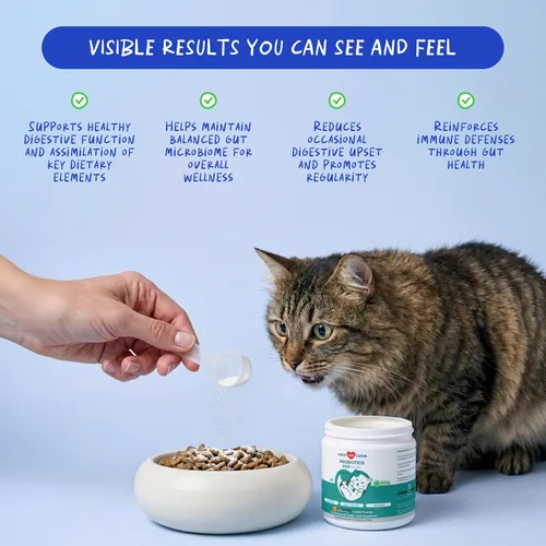 Vista 2 de Probióticos para gatos - Soporte para diarrea y gases - con inulina y prebióticos - Salud intestinal digestiva - Alergias, apoyo
